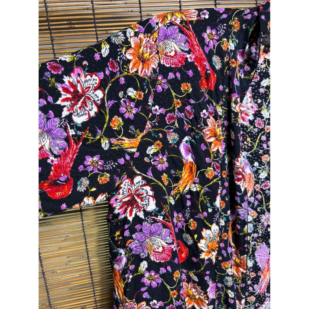 Copper & Black Size S Robe Floral Bird Print Black Dobby Nightwear 36-458